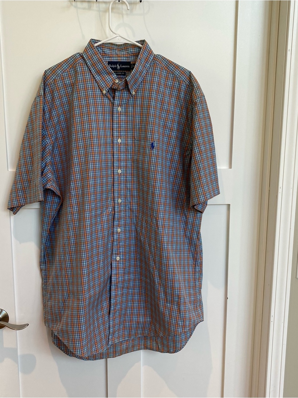 Ralph Lauren Blue & Orange Plaid Short-Sleeve Button-Down Shirt 100% Cotton-XL